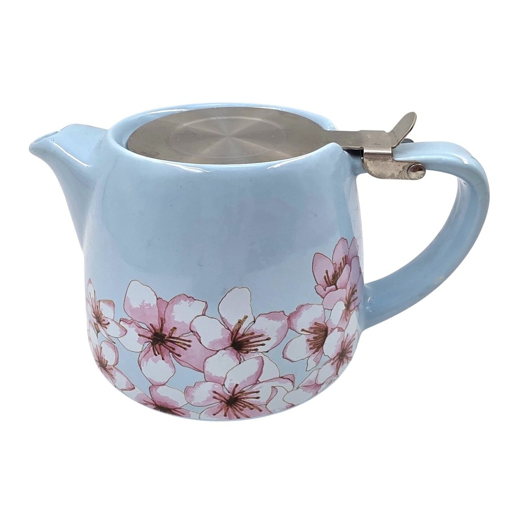 Light Blue Cherry Blossom Ceramic Teapot with Stainless Steel Infuser Lid L3